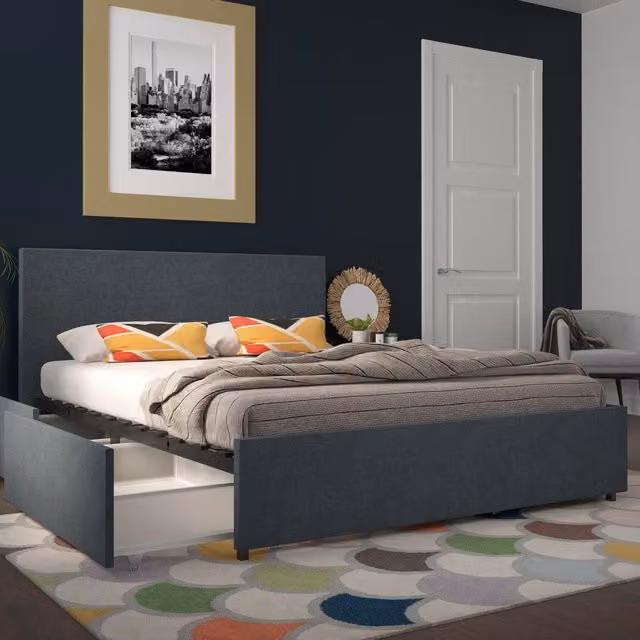 Novogratz Modern Upholstered Kelly Bed with Drawers in Blue, W/D/H: 140 x 200 cm