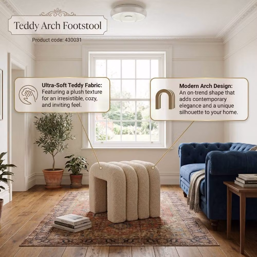 Home Luxe Interior Teddy Arch Footstool in White Plush Boucle Accent Seat – 5
