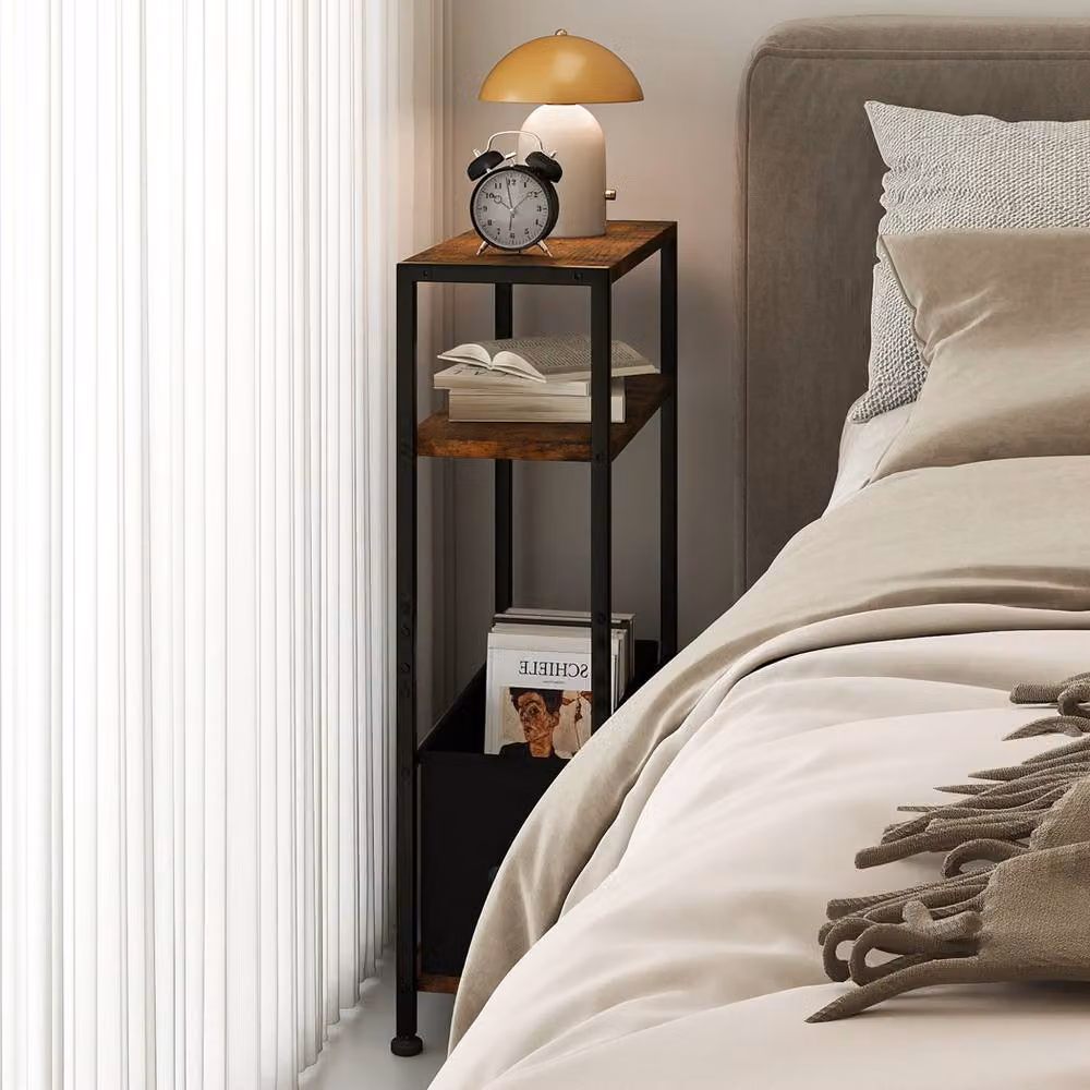 Levede Industrial 3-Tier Side End Table with Oxford Storage Baskets in Brown and Black – 3