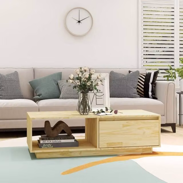 Berkfield Home Modern Rectangular Coffee Table in Natural Solid Pine, W/D/H: 110 x 50 x 33.5 cm