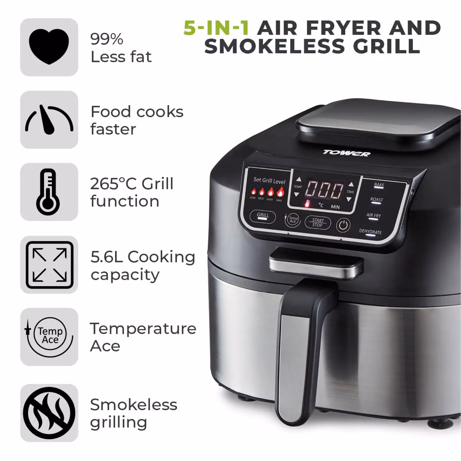 Tower T17086 Vortex 5 in 1 Air Fryer and Grill with Crisper, 5.6L, Black and Silver – 3