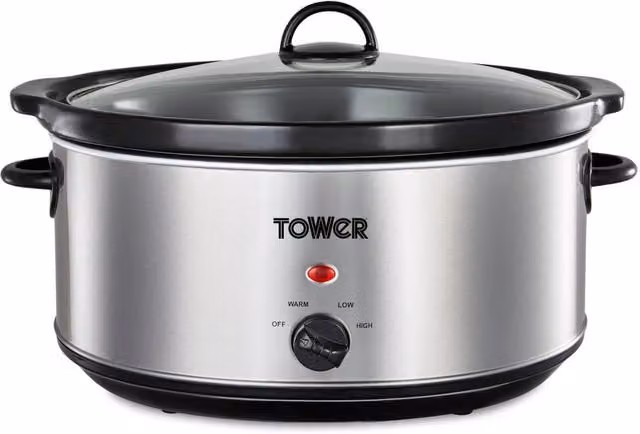 Tower Slow Cooker in Silver with 6.5L Capacity, 3 Heat Settings and Dishwasher Safe Parts – 4