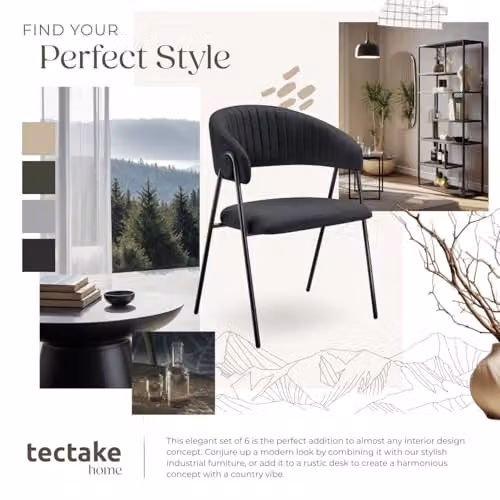 tectake Bedano Set of 6 Dining Chairs in Black Fabric with Metal Legs – 9