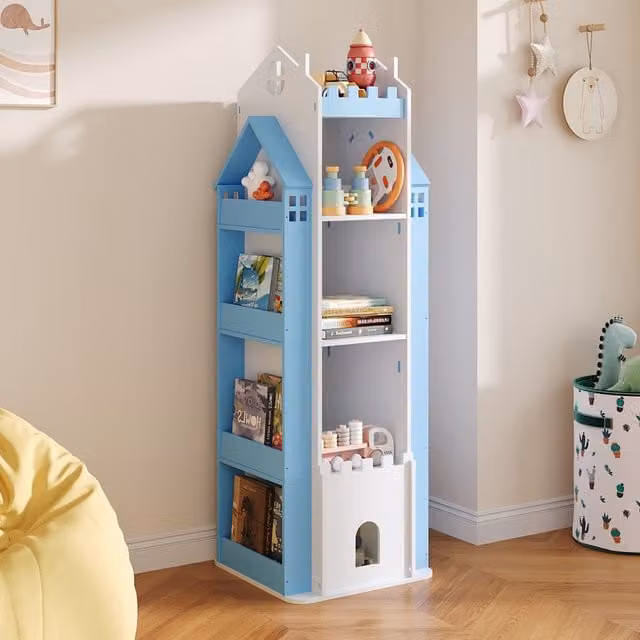 Livingandhome 5-Tier Blue Castle Rotating Bookshelf for Children