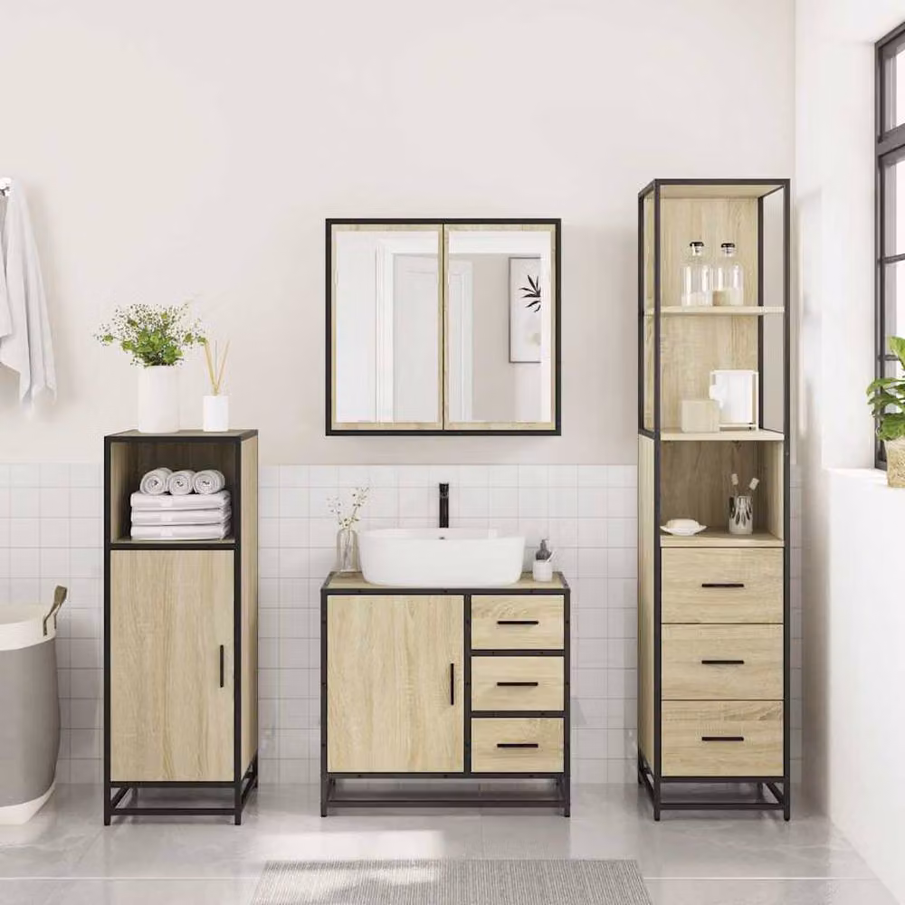 Berkfield Home 3 Piece Industrial Bathroom Furniture Set in Sonoma Oak and Brown – 3
