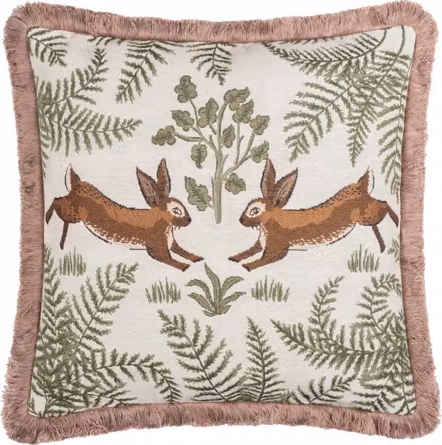 Fable Rabbits Embroidered Cotton Square Cushion in Green and White with Feather Filling