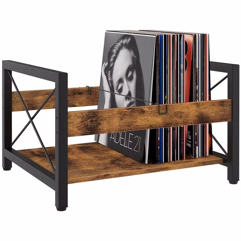 Nordara Brown Wood and Metal Retro Record Storage Holder and Album Organiser – 3