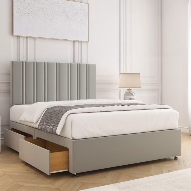 BSSPOKE Sienna Plush Divan Bed Set with 24 inch Headboard, 2 Drawers and Mattress in Silver, King Size W/D/H: 180 x 200 cm