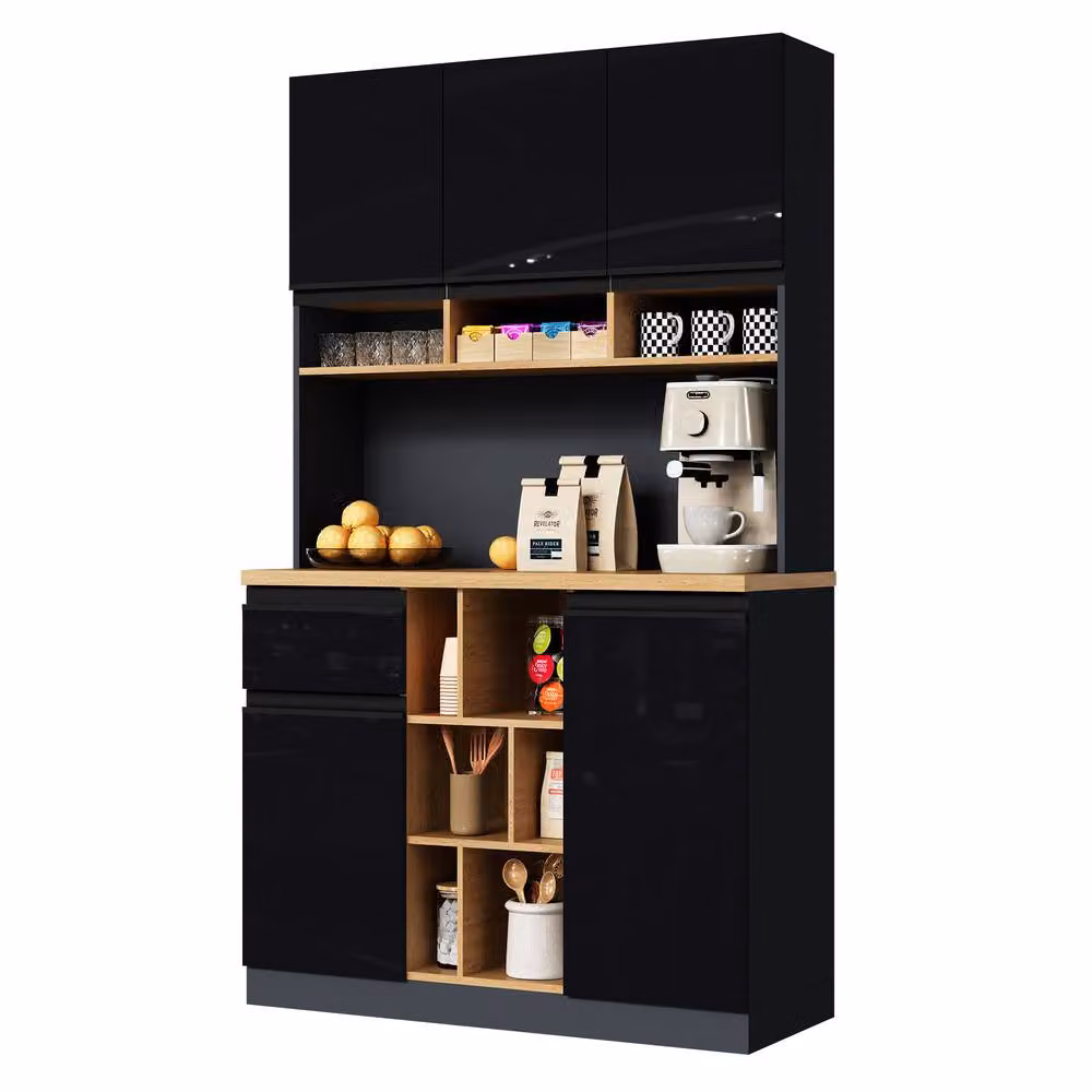 Rolipo Tall Kitchen Cabinet and Buffet Sideboard in Black High-Gloss Finish, Height: 185 cm – 2