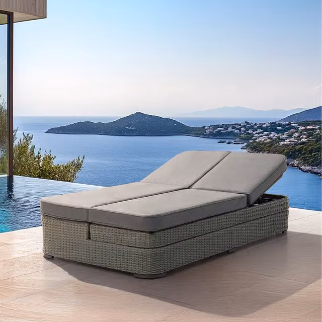 Sunjoy 2-Seater Rattan Sun Lounger in Grey with Powder Coated Aluminium Frame