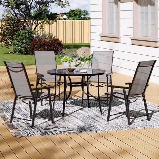 Livingandhome Modern Outdoor Bistro Set in Black with Round Glass Table and 4 Folding Chairs, Diameter: 105 cm