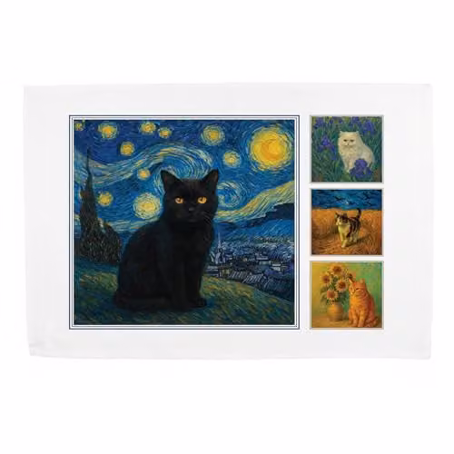 Purely Home Van Gogh Cats Cotton Kitchen Tea Towel, Multicolour, W: 67 cm, H: 45 cm