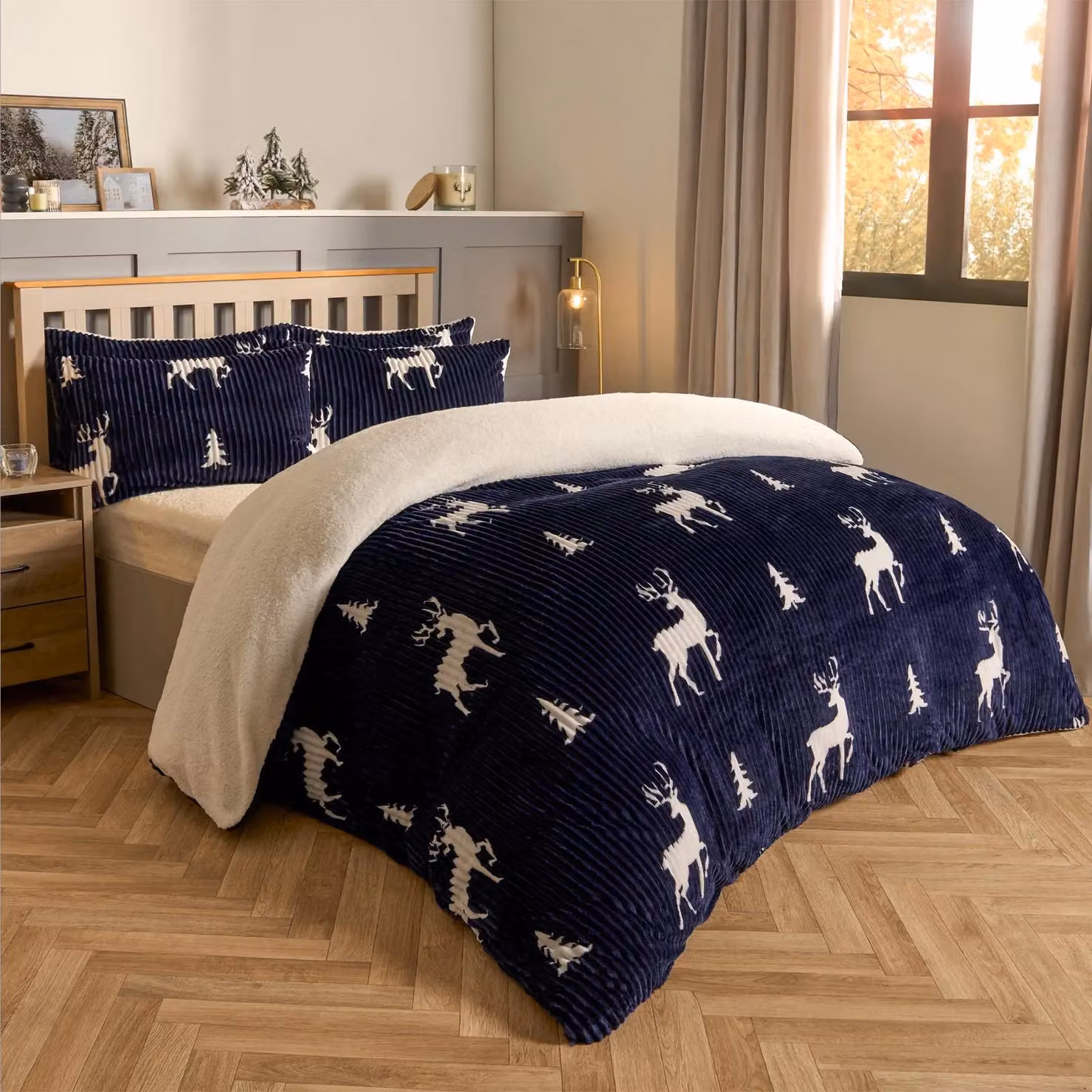 OHS Stag Duvet Cover and Pillowcase Bedding Set in Dark Navy Blue, Soft Ribbed Fleece, W/D/H: 220 x 200 x 140 cm – 2