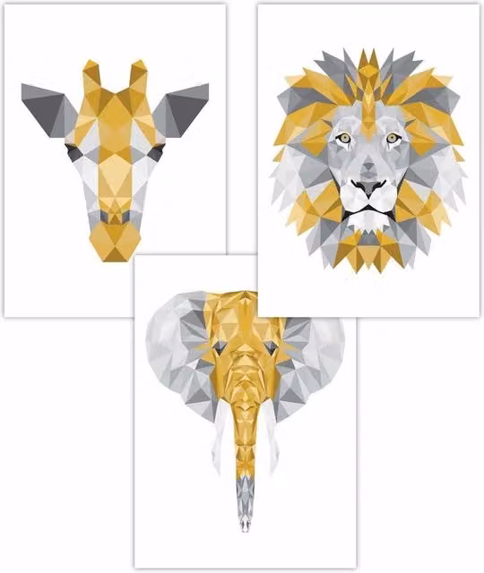 ARTZE Set of 3 Geometric Jungle Animal Head Art Posters in Yellow and Grey, W: 50 cm, H: 70 cm
