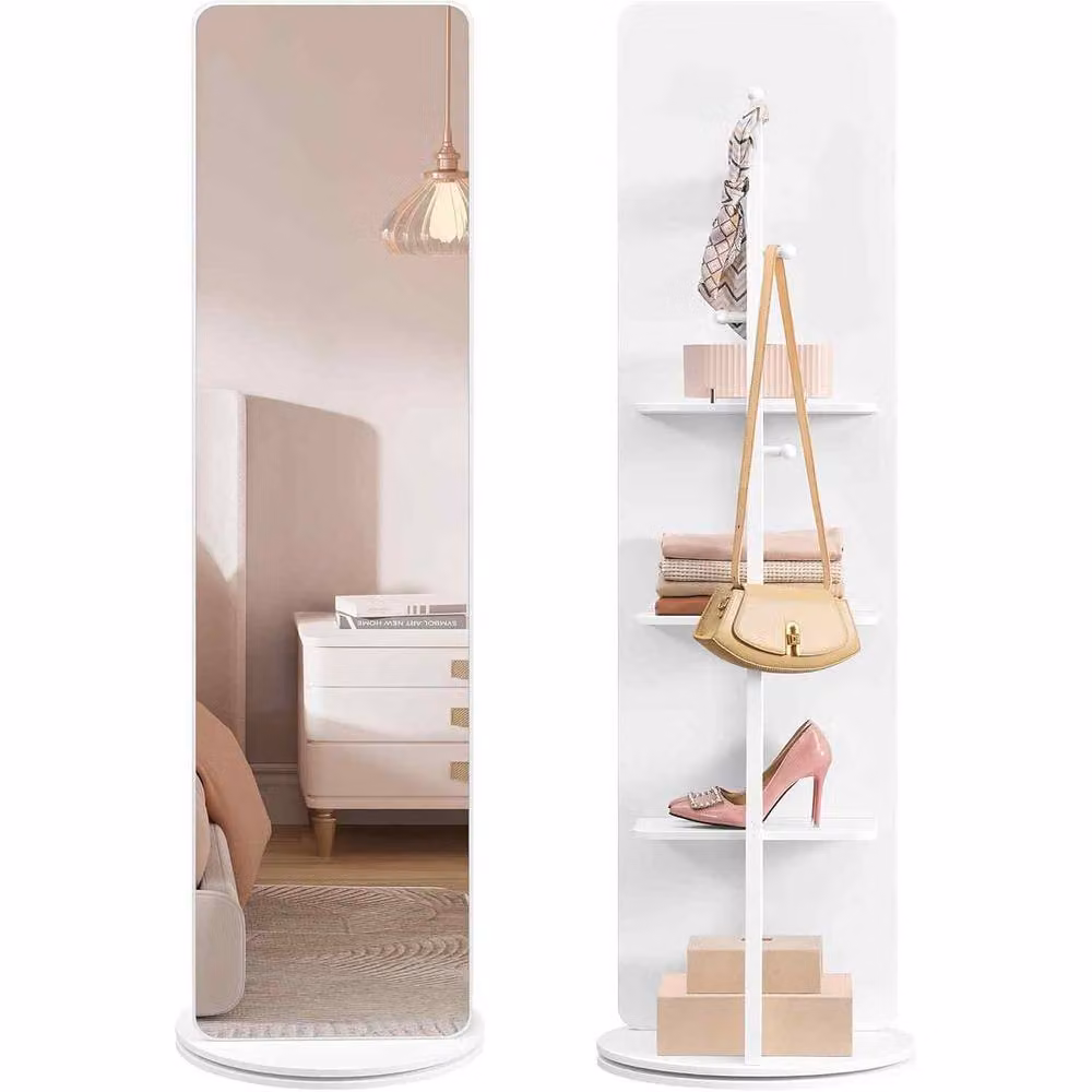 The Bazaarist 360 Rotating Full Length Mirror with Shelves and Hooks, White – 2