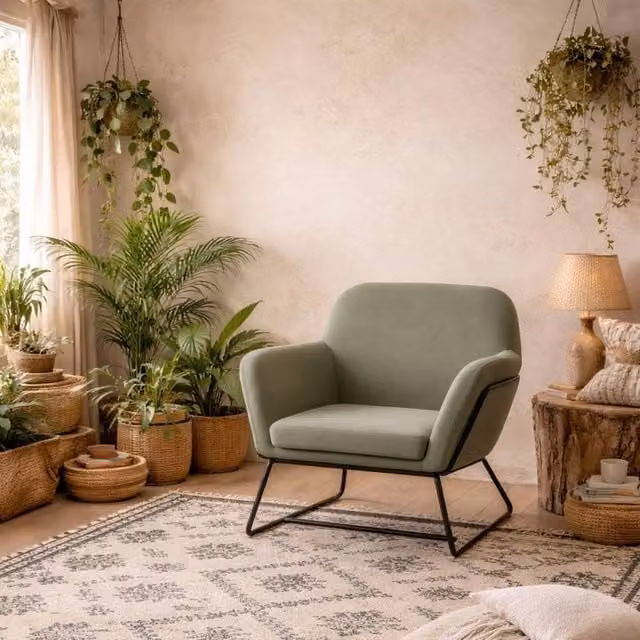Wyld Haus Marseille Sage Green Velvet Armchair with Black Metal Legs – 1