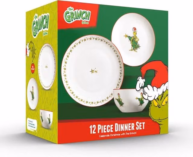 The Grinch 12-Piece Porcelain Dinner Set in White and Green with Star Border Design