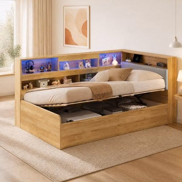 STILVORA Modern Storage Bed with USB Charging Port and LED Under-Bed Lighting in Sand and Brown, W: 135 cm x L: 190 cm – 1