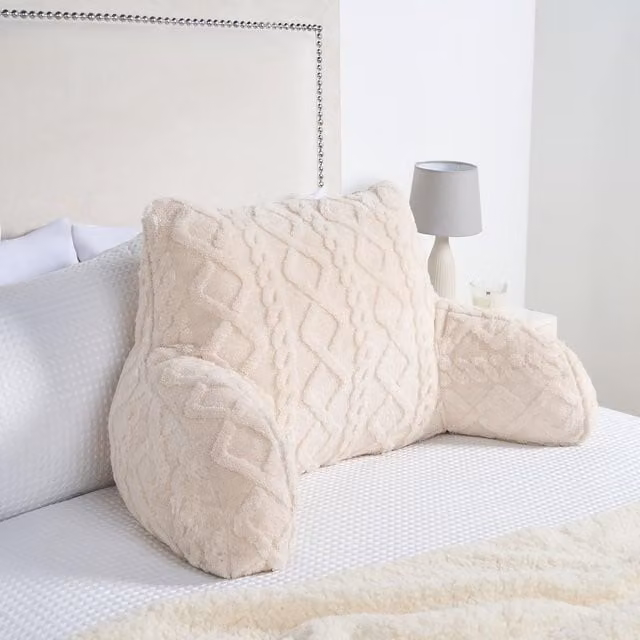 OHS Cable Knit Reading Pillow in Cream, Super Soft Back Support Cuddle Cushion for Adults, W/D/H: 65 x 40 x 40 cm