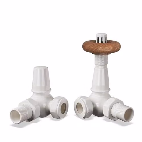 UK Radiators Traditional Design Thermostatic Radiator Valve and Corner Lockshield Valve Set in Gloss White Finish 1/2" x 10mm
