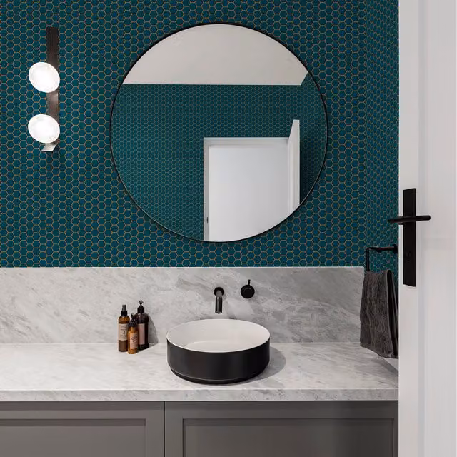 Contour Petrol Teal Geometric Abstract Moisture Resistant Antibacterial Wallpaper Roll