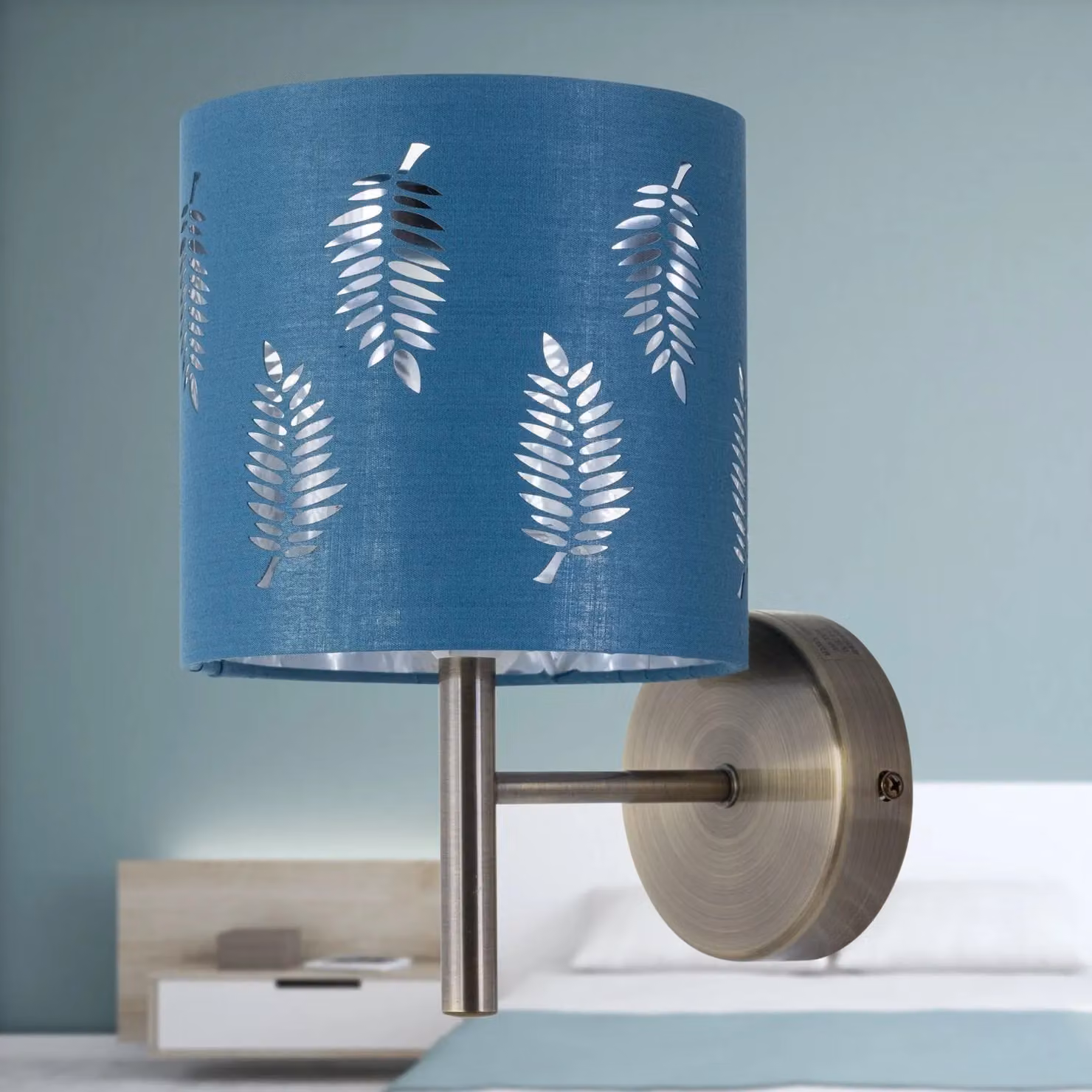First Choice Lighting Brea Set of 2 Antique Brass Wall Lights with Teal Fabric Shades – 3