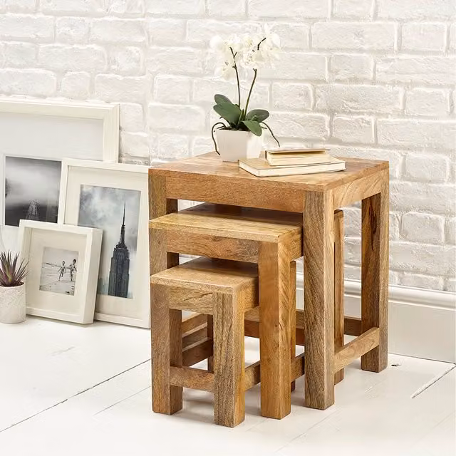 Elm Home And Garden Nest of 3 Rustic Mango Wood Tables in Brown