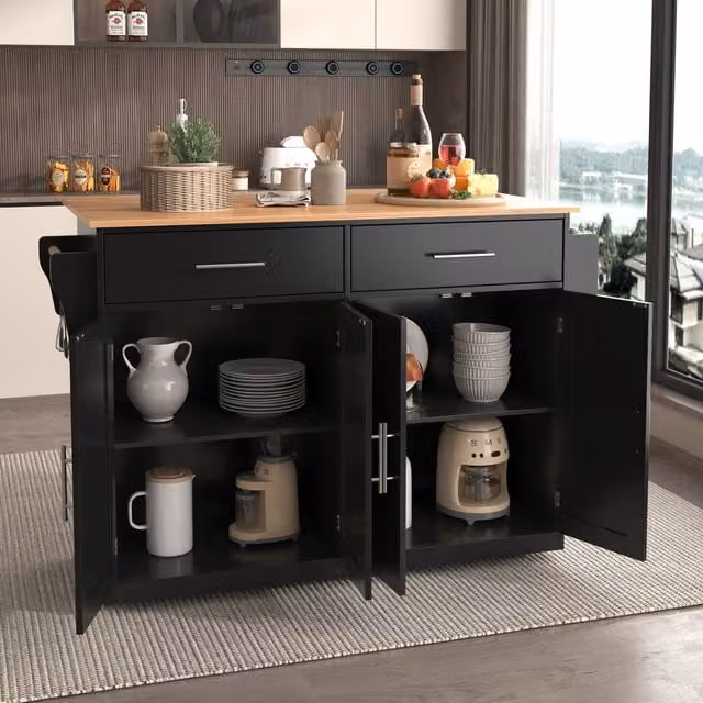 Merax Kitchen Island Trolley with Folding Tabletop and Changeable Wheels and Feet, Black, H 91.5 x W 120 x D 46 cm – 1