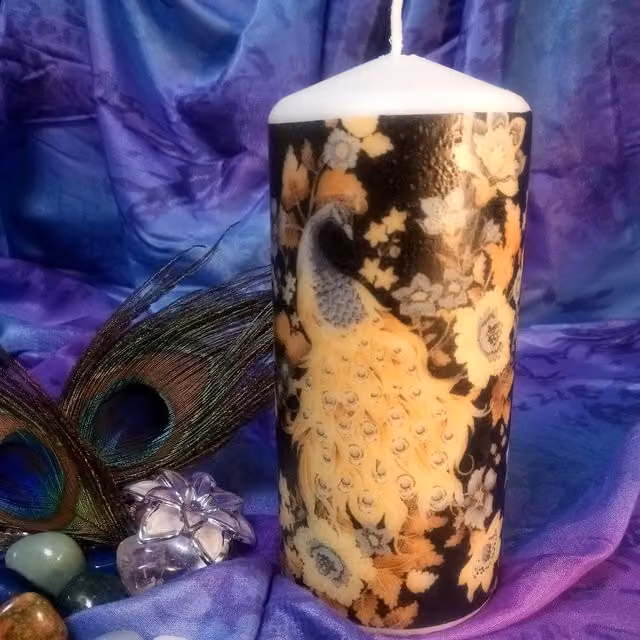 Viki White and Multicolour Peacock Pillar Candle