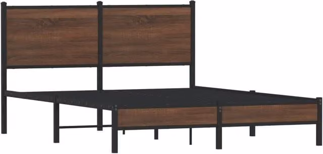 Berkfield Home Metal and Wood Bed Frame in Brown Oak, W: 140 cm, H: 207 cm, D: 200 cm – 1