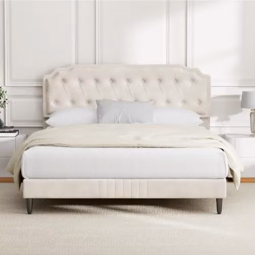 MCC Direct Chelsey Velvet Upholstered Double Bed Frame with Tufted Headboard in Beige W/D/H: 140 x 200 x 115 cm – 1