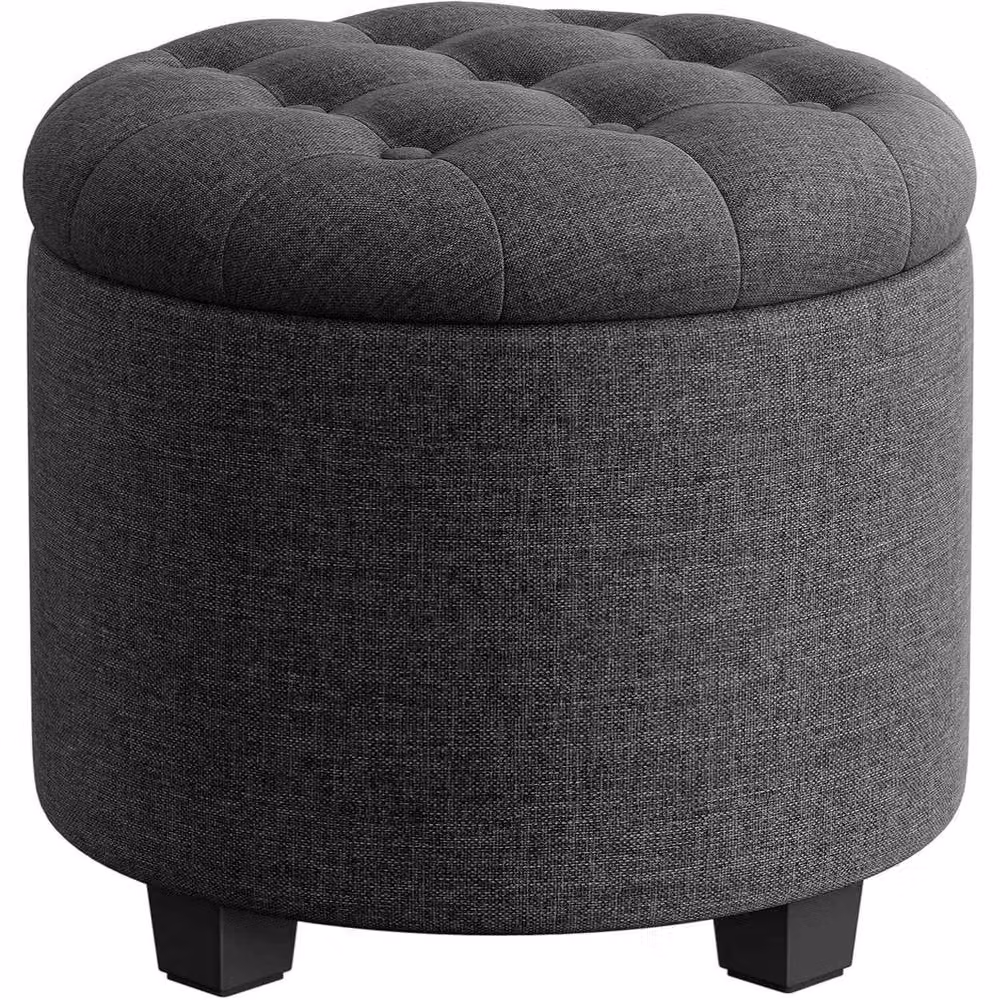 The Bazaarist Round Storage Ottoman in Dark Grey with Wooden Legs – 2