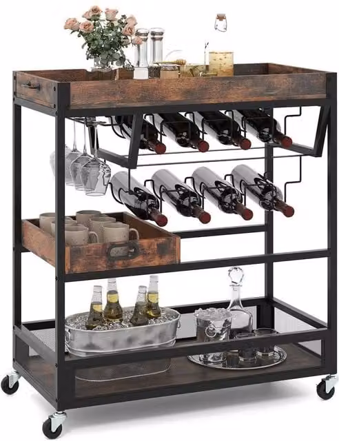 VOGREX Brown 3-Tier Industrial Kitchen Storage Trolley with Castors and Removable Tray