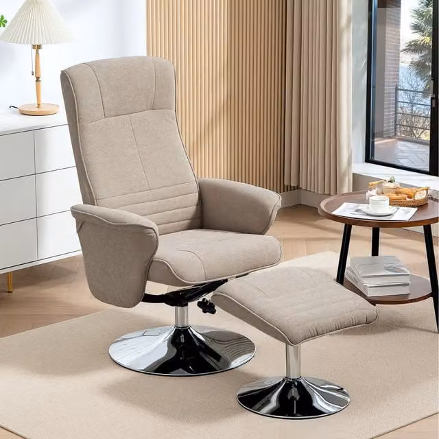 HOMCOM Upholstered Velvet Swivel Recliner Armchair with Ottoman, Beige