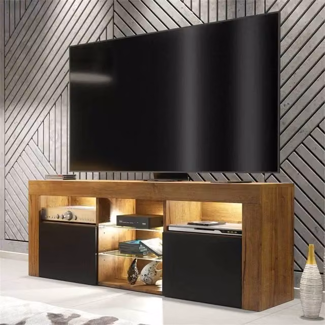 PAWNORA Modern TV Unit with Oak Matt Body and Black Matt Doors in Brown