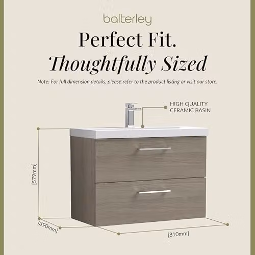 Balterley Wall Hung 2 Drawer Bathroom Vanity Unit with Mid Edge Sink and Handles, Woodgrain Grey, W: 81.0 cm, D: 39.0 cm, H: 57.9 cm – 2
