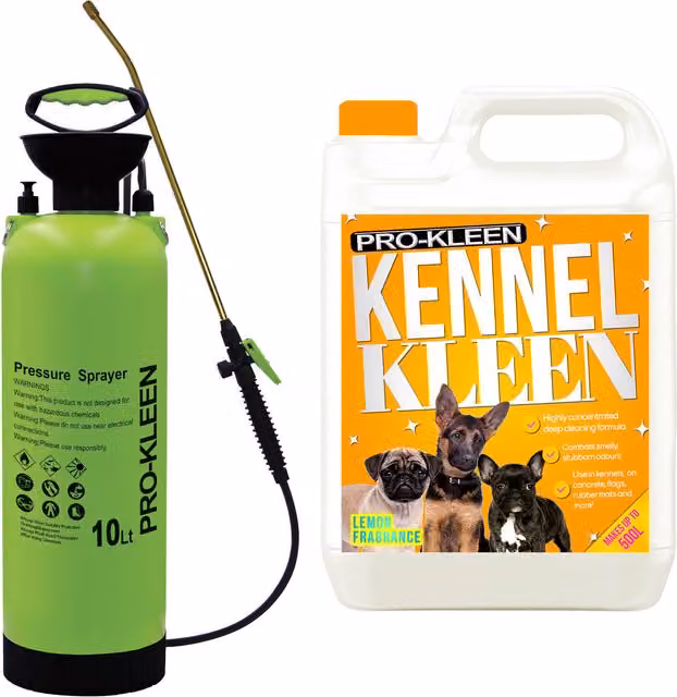 Pro-Kleen 10L Pump Sprayer with 5L Kennel Kleen in Lemon Yellow