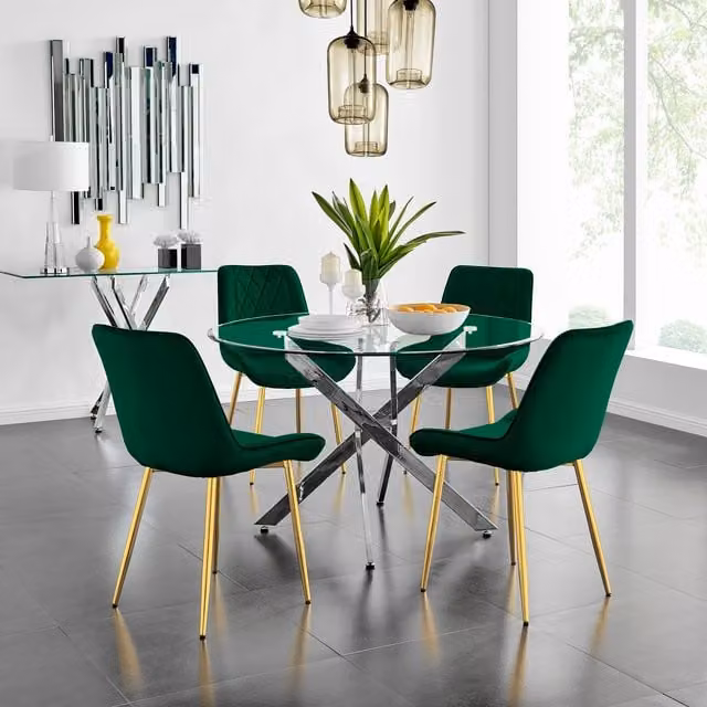 FurnitureboxUK Novara Gold Round Glass Dining Table with 4 Green Pesaro Gold Leg Chairs, Diameter: 120 cm