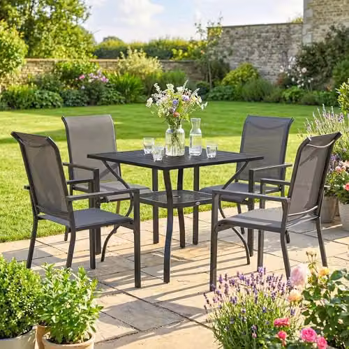 Outsunny 5 Piece Garden Dining Set for 4 with Parasol Hole, Dark Grey – 4