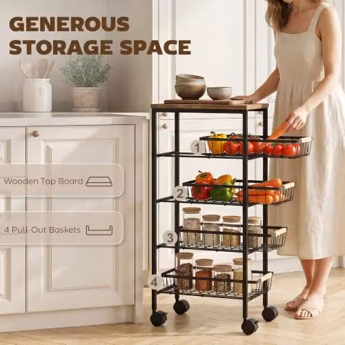 HOMCOM 4-Tier Metal and MDF Storage Trolley with Pull-Out Baskets in Rustic Brown, H 81.5 x W 40.0 x D 24.0 cm – 4