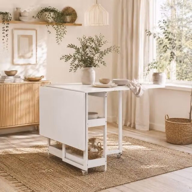 Wyld Haus White Drop Leaf Dining Table with Castors, W/D/H: 80 x 52 x 75 cm
