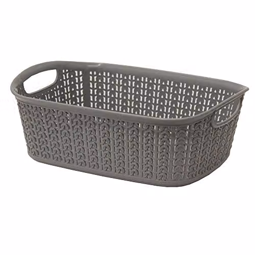JVL Grey Open Weave Plastic Small Storage Basket with Handles, W: 20 cm, D: 27 cm, H: 10 cm – 1