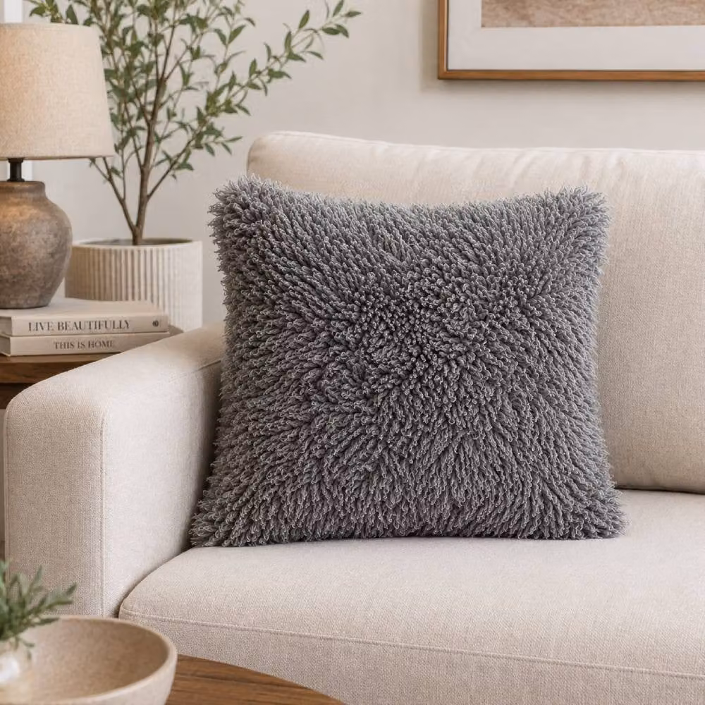 SNUGRUGS Soft Long Curly Wool Sheepskin Cushion with Cotton Backing and Inner, Grey, W/D/H: 40 x 40 x 40 cm – 2