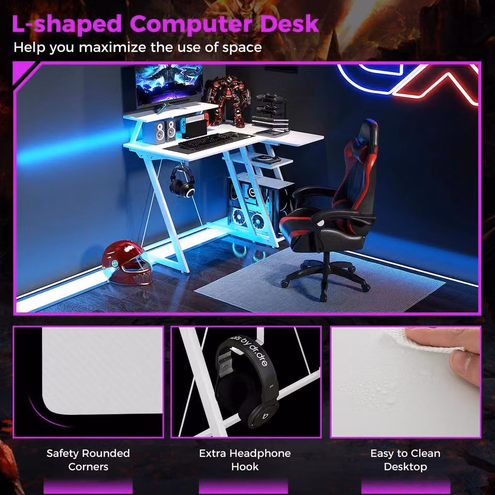 Gymax Corner Gamer Desk with Monitor Shelf and USB Ports, White – 3