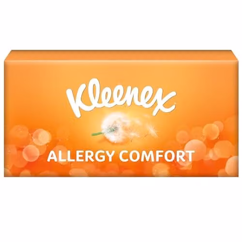 Kleenex Allergy Comfort Paper Tissues in Orange, Yellow and Blue, Box of 56 Tissues