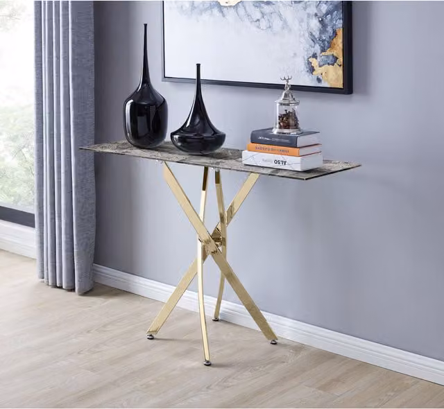 FurnitureboxUK Leonardo Console Table with Dark Grey Marble Effect Glass Top and Gold Metal X-Frame Legs