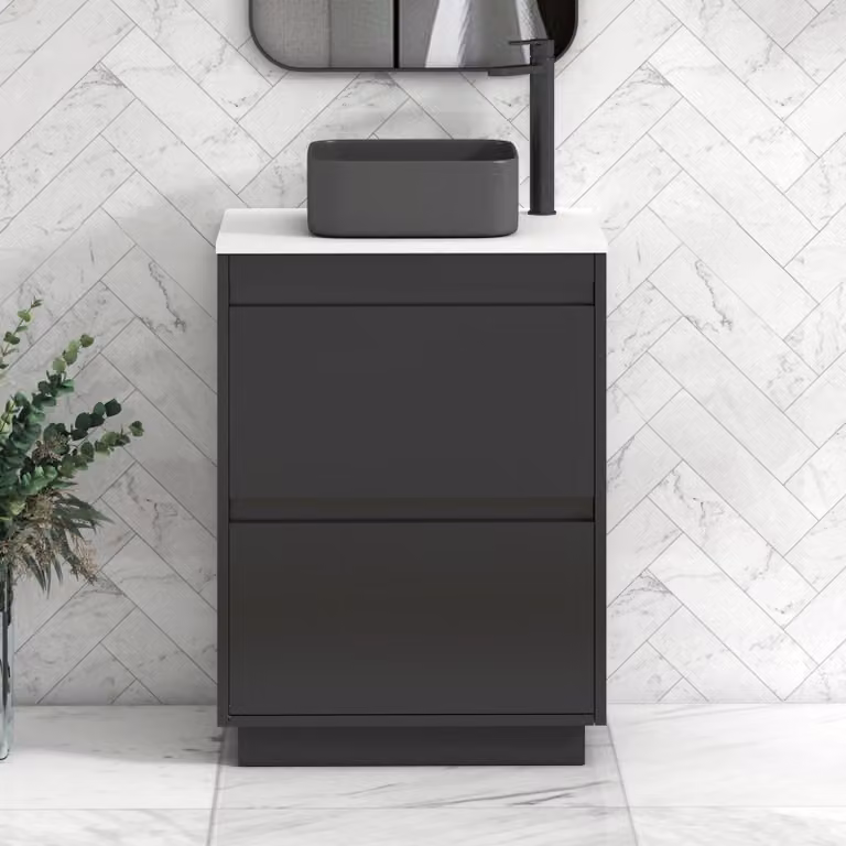 Royal Bathrooms Orion 600mm Matt Obsidian Black and Plain White Floor Standing 2 Drawer Vanity Unit with Art Square Basin and Black Accent Trim