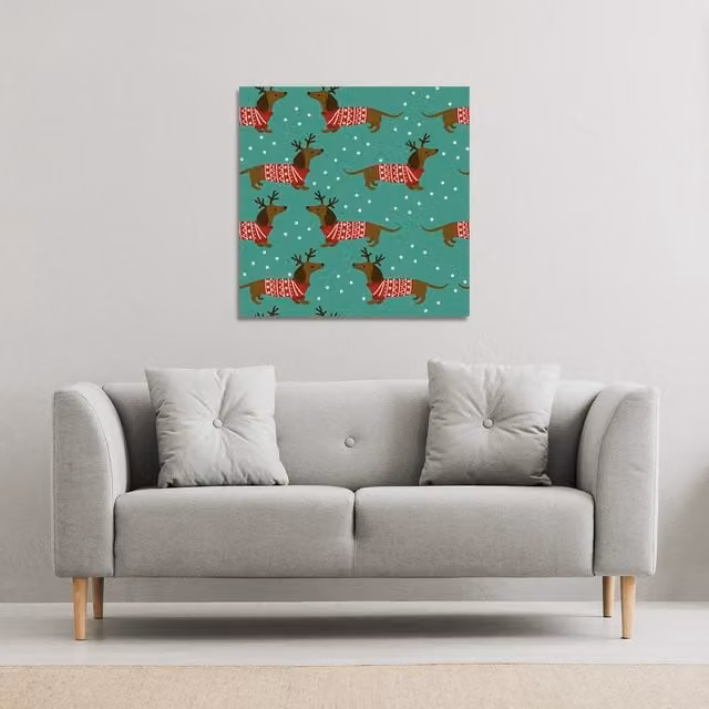 Benjamin Tate Design LTD Dutchshunds In Gallery Christmas Canvas Wall Art, Green, Width: 90 cm