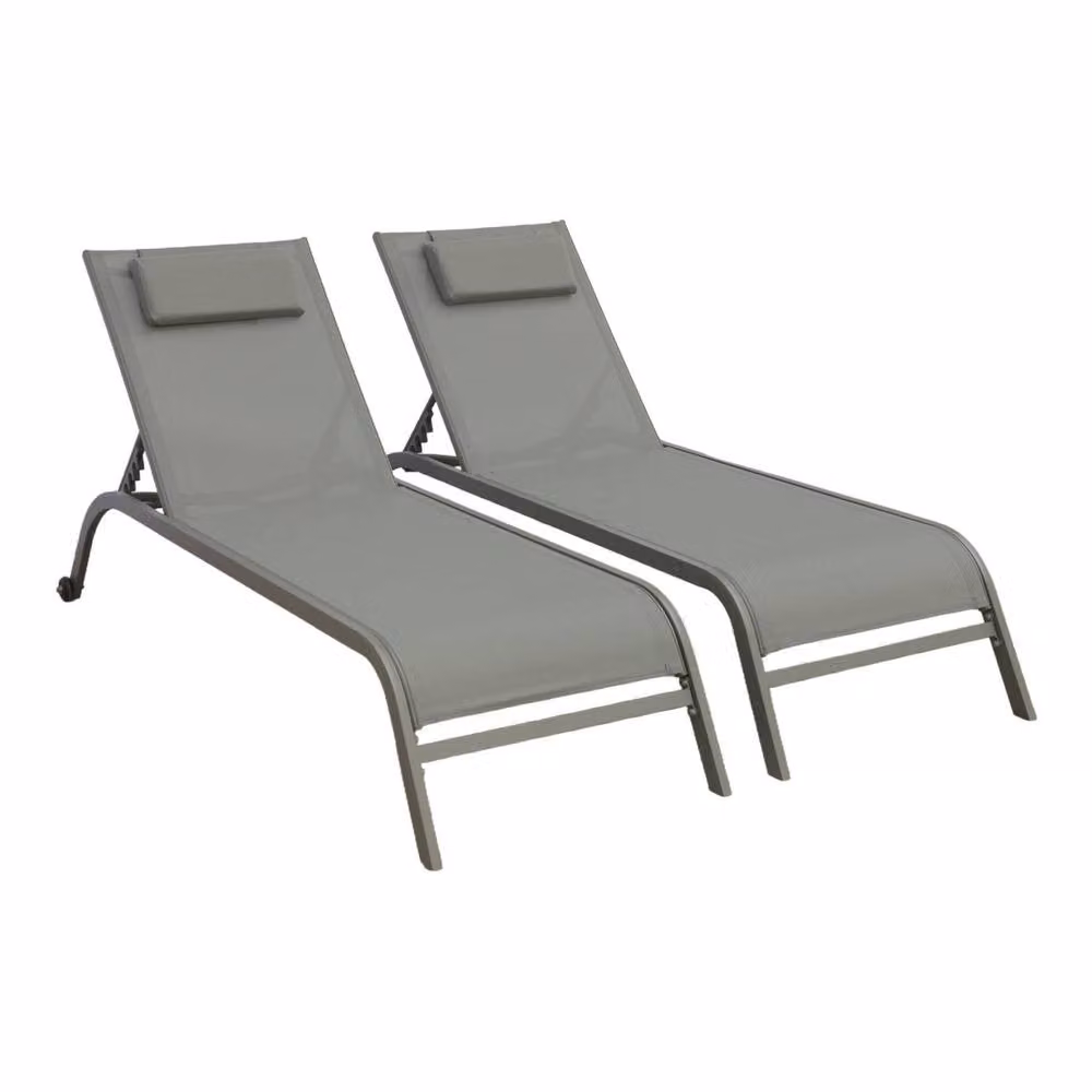 sweeek Set of 2 Khaki Multi-Position Steel Sun Loungers with Textilene Fabric, Cushions, Armrests and Castors – 2