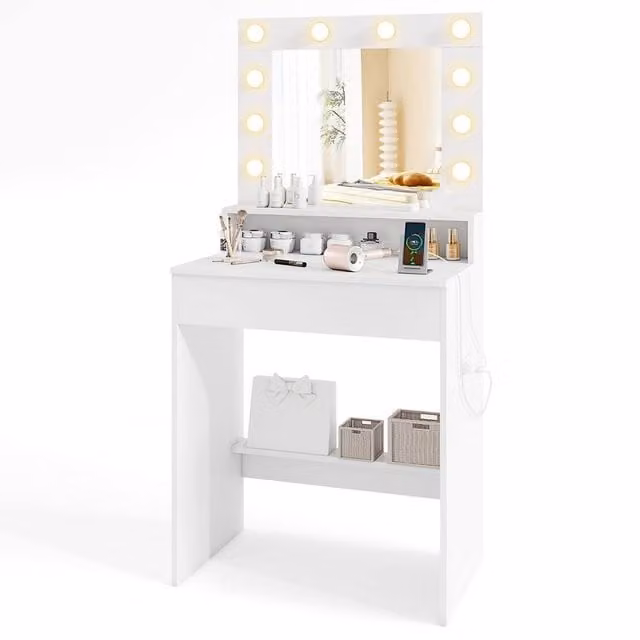 Gymax White Modern Vanity Desk with Hollywood LED Lighting Mirror and Drawer, W/D/H: 106 x 137 x 40 cm – 1